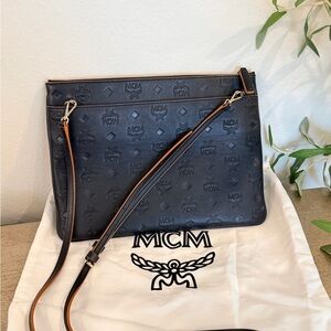 MCM Black Leather Logo Crossbody with Tan Edge